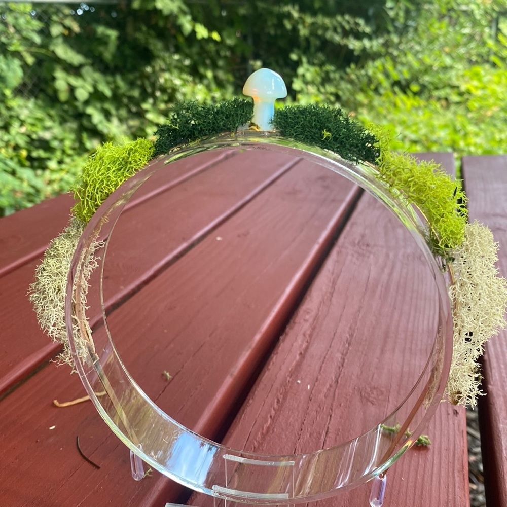 Pearl Crystal Mushroom metal Headband with Moss